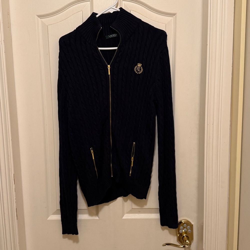 Black Cable Knit Zip-Up Sweater with Gold Accents